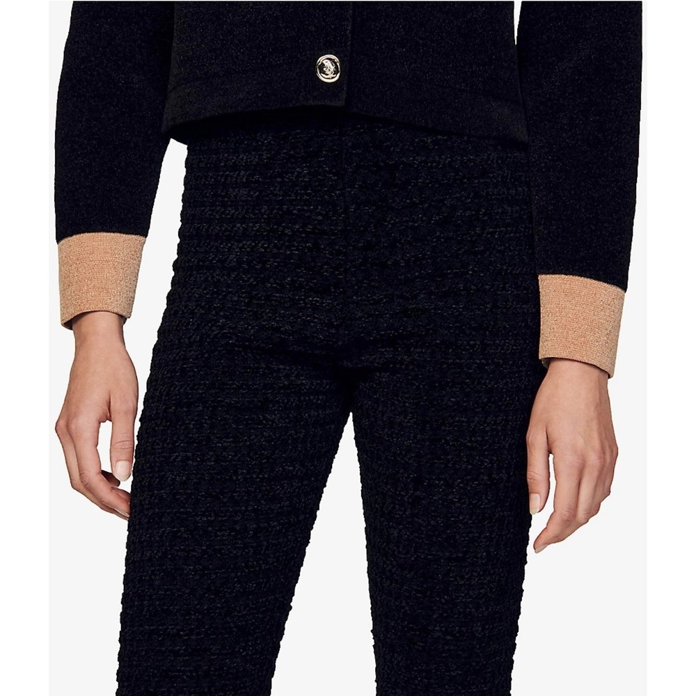 Sandro Black Tweed Flared Leg Mid Rise Velvet Textured Trousers Stretch Sz 2 NWT - Picture 3 of 12